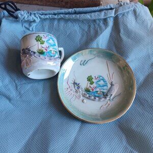 Vintage 60's Kenmar Porcelain Souvenir Cup Saucer Gold Trim Japan Rare